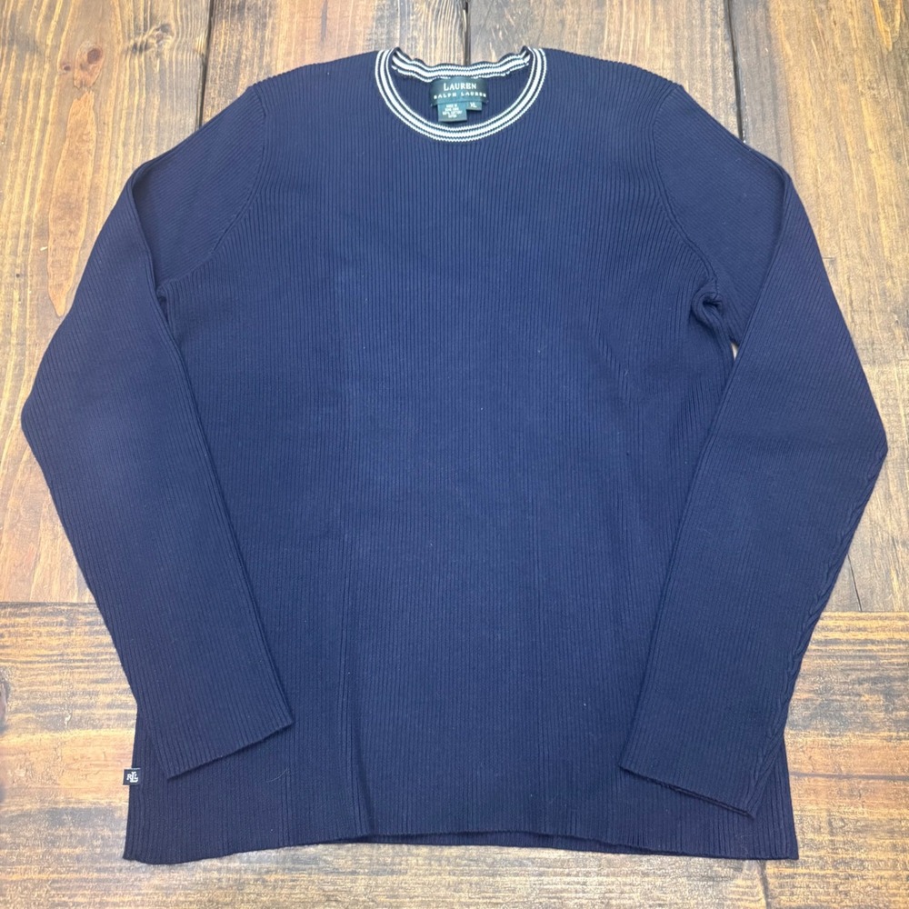 Lauren Ralph Lauren Navy Blue Ribbed Cotton Crewneck Sweater‎ XL Striped Trim